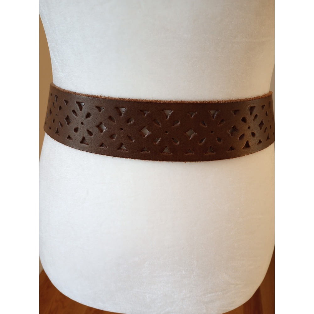 Candies Genuine Leather Wide Belt Brass Buckle M 32-36 Laser Cut Design Brown EC - Picture 4 of 9